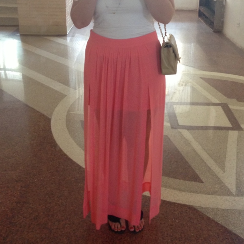 ZARA coral maxi skirt slits sheer pleated